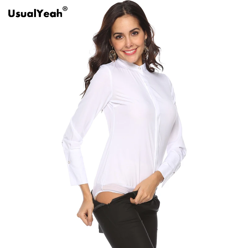 UsualYeah 2018 New Formal Shirts OL Body Blouse Shirt Button Stand Collar Work wear Long sleeve blusas S-XXL White SY0395