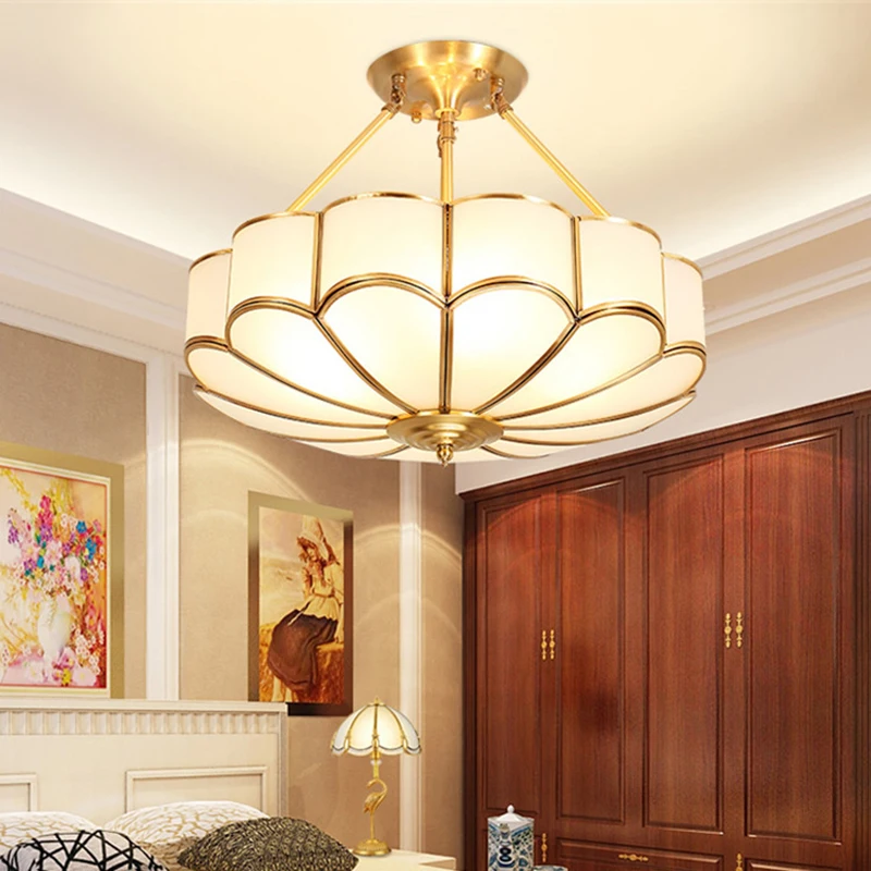 American Copper Body Ceiling Lights Glass Lampshade With E27E26 Led Lamp for Home Store Luxury Foyer Decoration Lighting Fixture