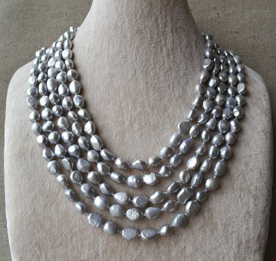 

100% Real Pearl Long Necklace,Gray Color 7x10mm 100Inches Baroque Shape Freshwater Pearl Necklace