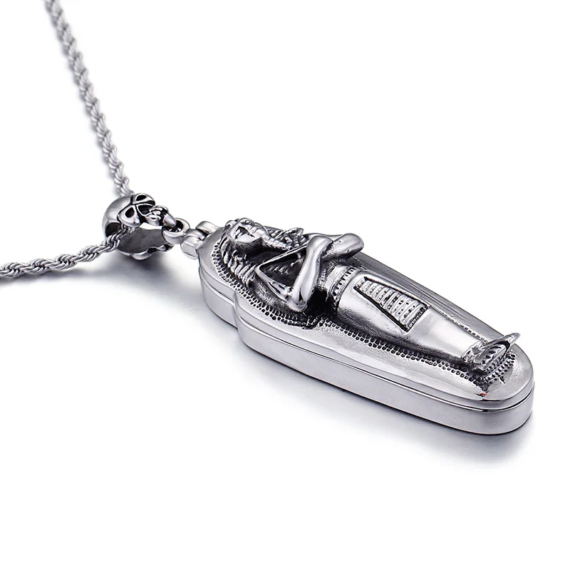 stainless steel Punk biker mummy Skull pendant can open necklace  rope chain 4mm 22 inch Mens Gifts