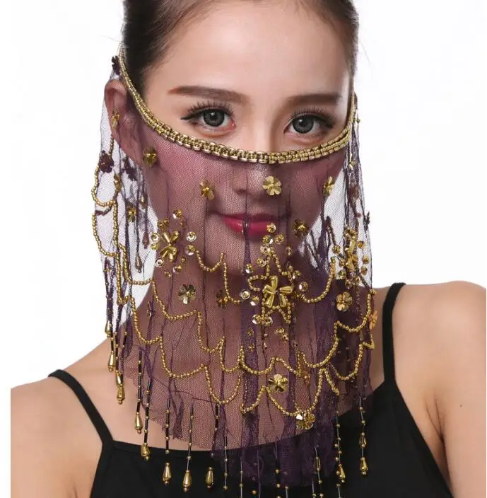 Velos de cara de danza del vientre de malla bordada para mujer, velo de flor de ciruelo, disfraz de baile indio, accesorios de joyería, máscara