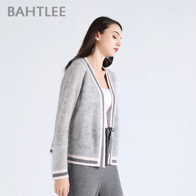 BAHTLEE-Women's Mohair Coat, Knitted Cardigan, V-neck Sweater, Long Sleeves, Striped, Thin Light, Spring, Autumn