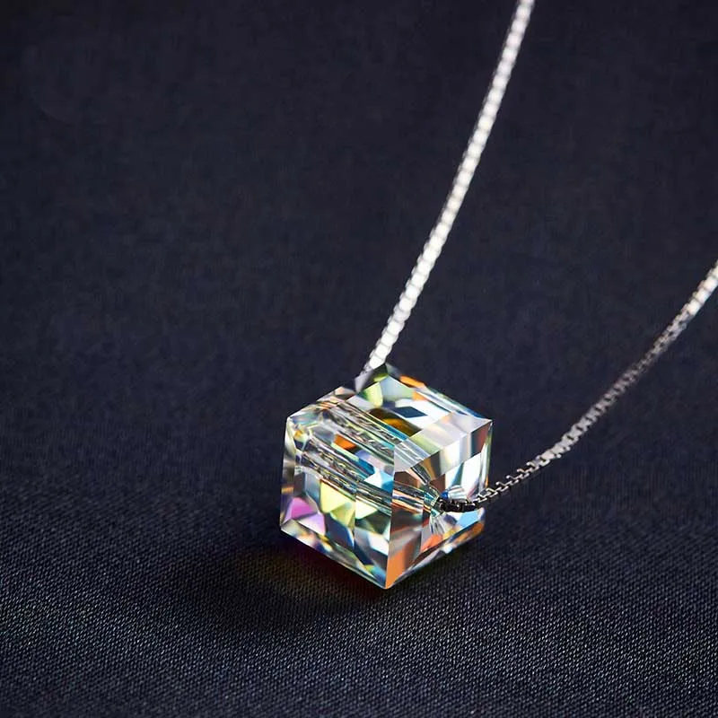 925 Sterling Silver Original Crystals From Austrian Square Cube Necklaces & Pendants For Women Fashion Jewelry Bijoux Femme