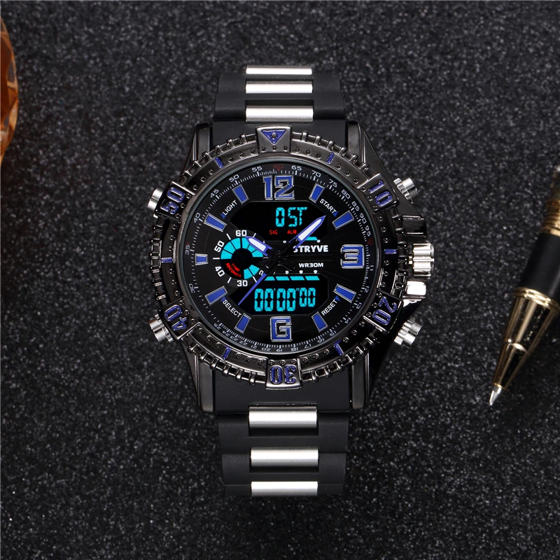 STRYVE S8004 Fashion Resin Strap Quartz Watch Large Dial Dual Display Waterproof Calendar Week Men\'s Sports Watch