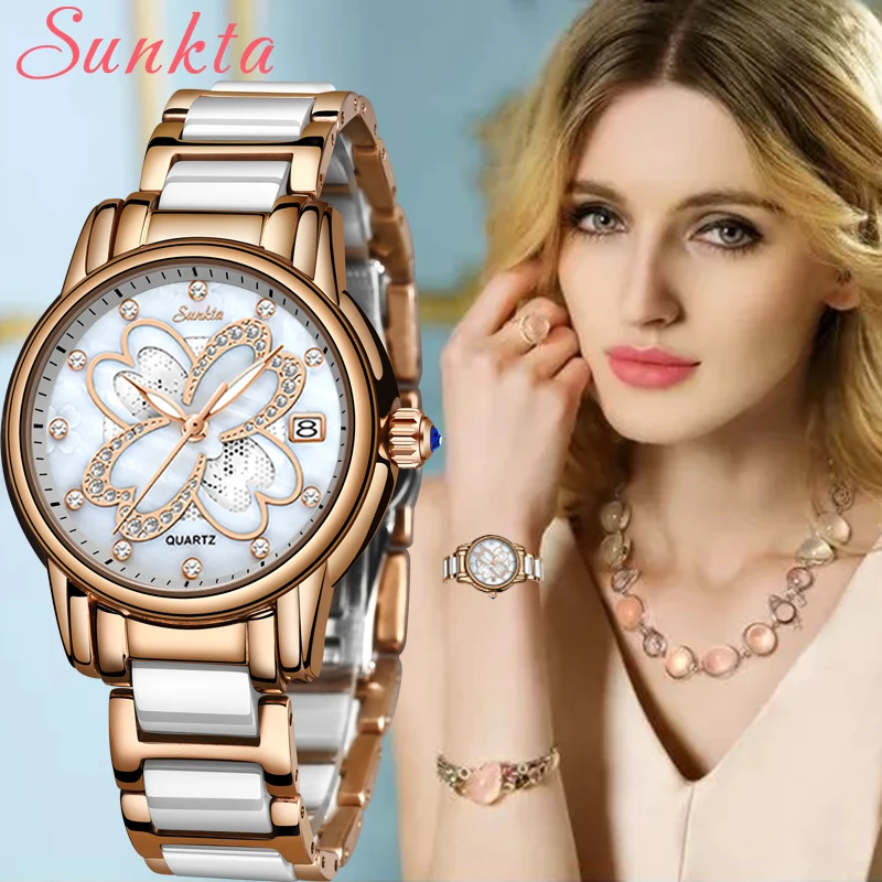 SUNKTA New Watch Women Watches Ladies Creative Women\'s Ceramic Bracelet Watches Female Clock Relogio Feminino Montre Femme+Box