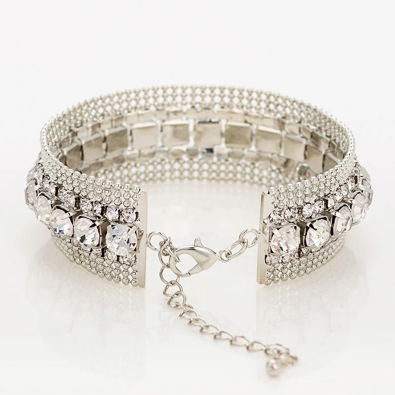 Luxury Braidal Crystal Bracelets Wide Bracelets & Bangles Pulseras Mujer For Women Silvery Wedding Jewelry