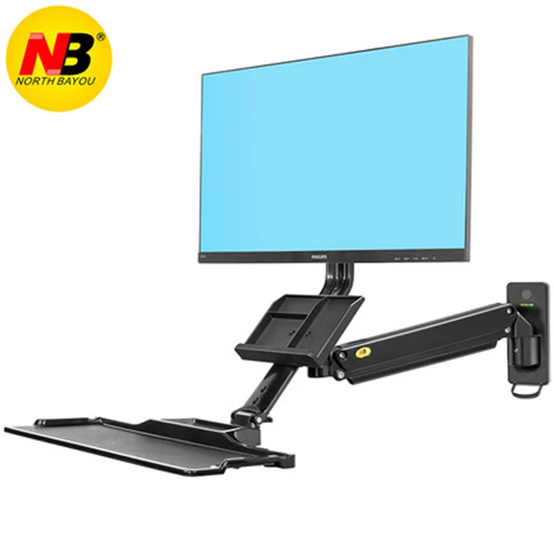 MB32 Aluminum Wall Mount Sit Stand Workstation 19-27 inch Monitor Holder Gas Strut Arm with keyboard Tray Rotate LCD Bracket