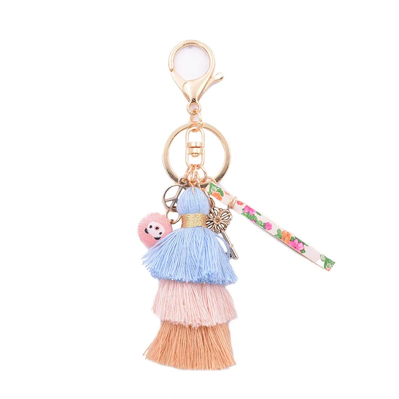 WELLMORE BOHEMIA leather,Cloth ball,key,long tassel colorful  alloy Key Chain For Women Girl Bag Keychain wholesale jewelry