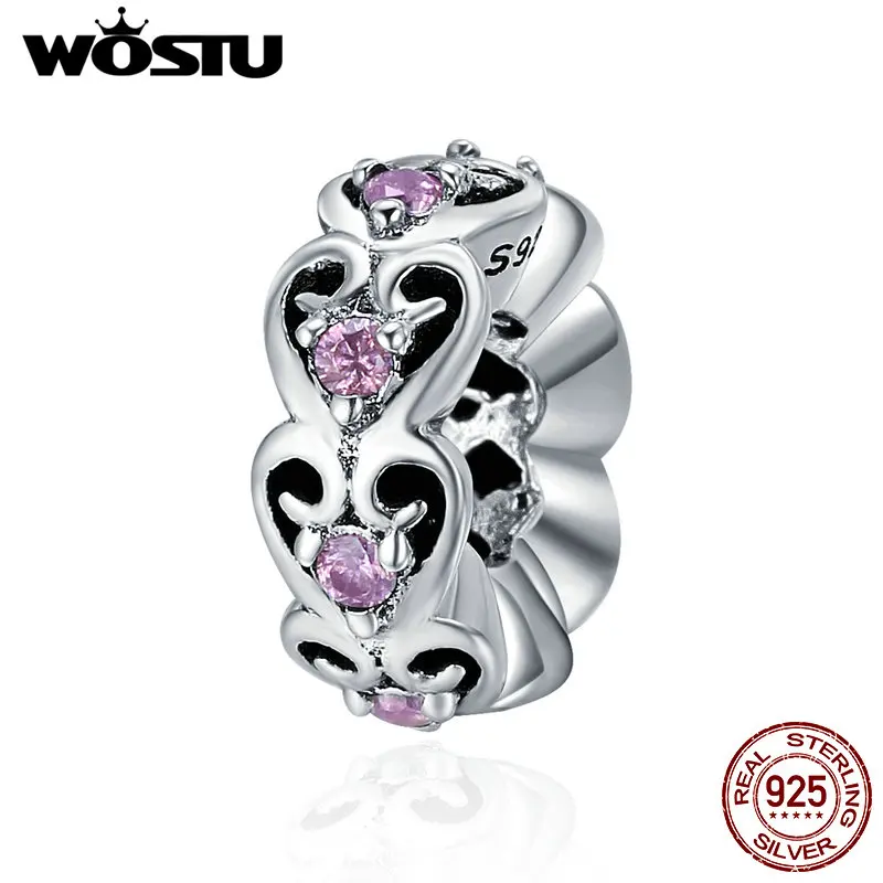 

WOSTU Hot Sale Real 925 Sterling Silver Pink Heart Spacer Beads fit original Charm Bracelet For Women Jewelry Gift CQC339