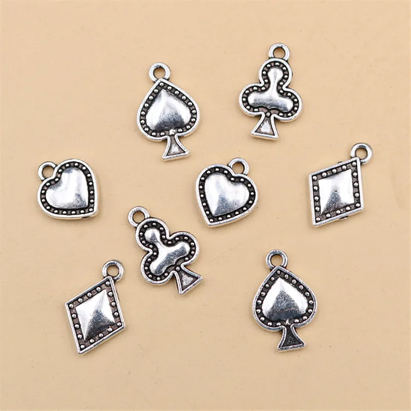 WKOUD 20pcs Silver Color Playing Cards Color Logo Charm Hip Hop Necklace Bracelet DIY Metal Alloy Pendant A1920