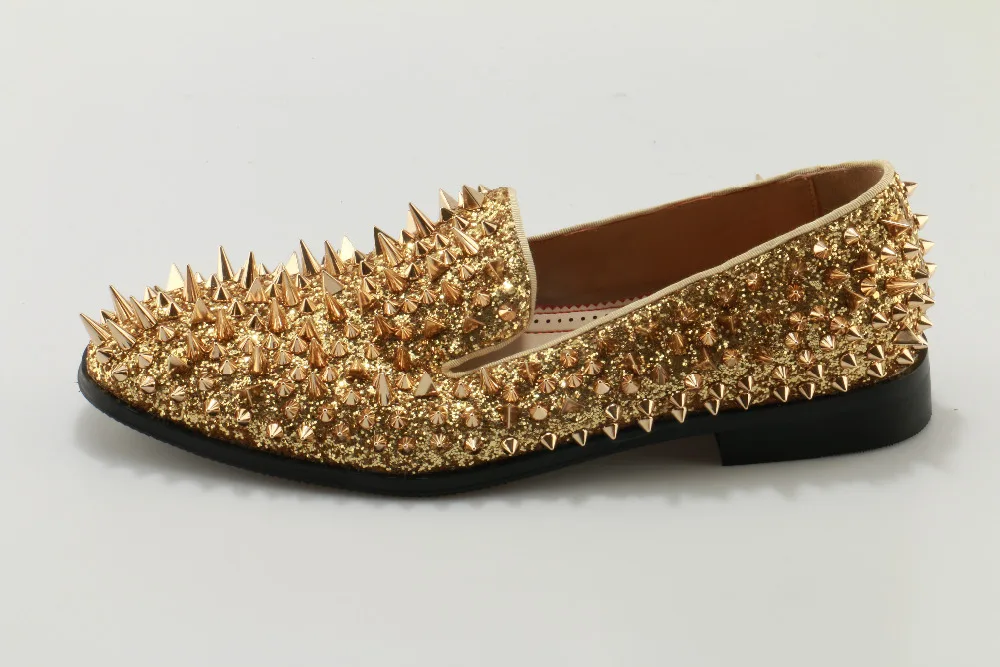 Luxury Gold Spiked Men Loafers Shoes Super Stars Bling Sequins Banque Wedding Shoes Slip On Rivets Men Shoes Moccasins