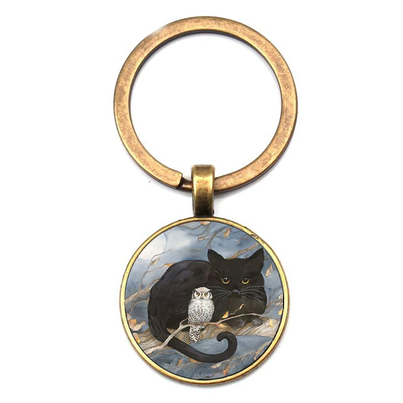 Fashion black cat owl pattern keyring retro painting cat crystal glass key chain men women accessories car package party gifts