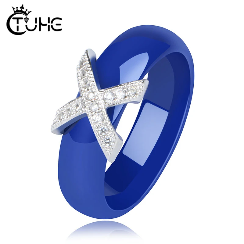 Hot X Cross Rings Blue Pink Ceramic Healthy Jewelry for Women 6mm Smooth Ceramic Rings Female Gift Biżuteria ślubna Gold Silver