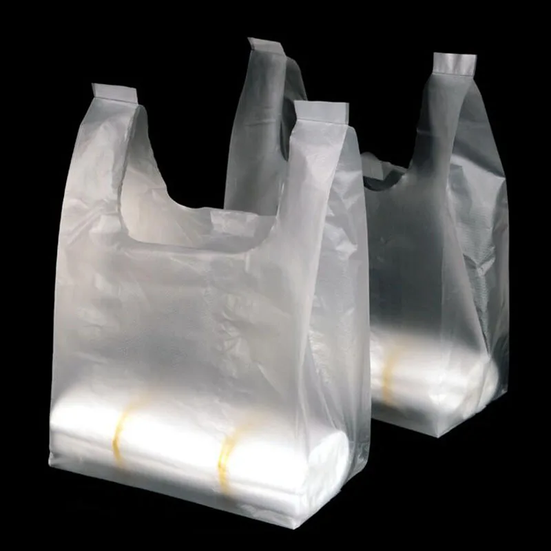 100pcs/lot Recyclable White Plastic Carry Out Storage Bags, Plain Clear Supermarket Vest Bag with Handle, Household Garbage Bag