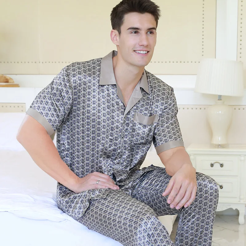 Pijamas de manga corta para hombre, ropa de dormir de seda de imitación para el hogar, camisón para adultos, D-2176 de verano