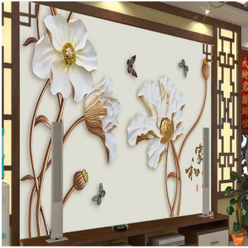 

wellyu Custom large-scale mural relief artist and rich art glass lotus TV background wall non-woven wallpaper papel de parede