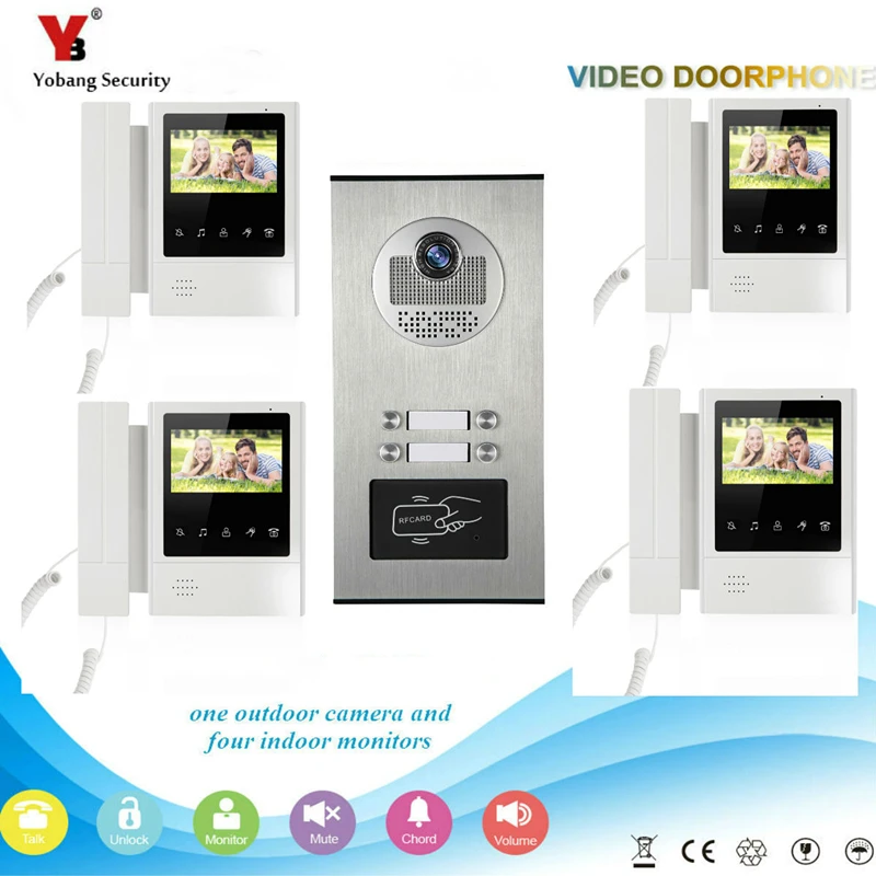 Yobang Security 4.3 inch Apartments of 4 Units Kit Video Door Phone Video Intercom Entrance Doorbell phone Night Vision