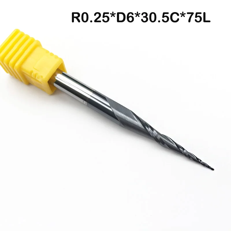 2pcs/lot R0.25*D6*30.5*75L*2F HRC55 Tungsten Solid Carbide Tapered Ball Nose End Mills Bit Cone Milling Cutter Wood Knife Tools