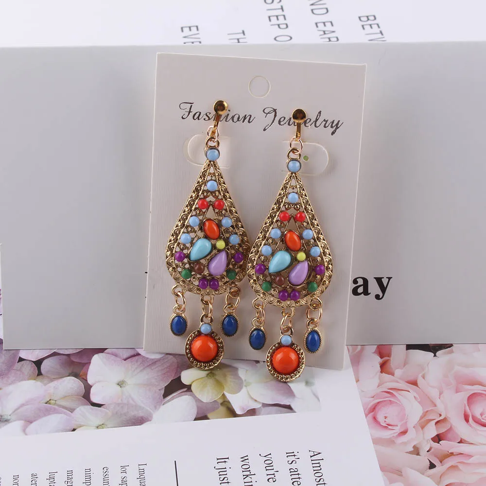 Hot zinc Alloy Bohemia beads Statement Clip on Earrings Fancy Luxury Summer Style Big Without Piercing Earrings For Women gift