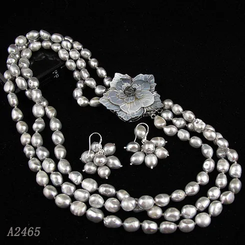

Perfect Pearl Jewelry Set 17-19 Inches 7-8mm Gary Color 3Rows Natural Freshwater Pearl Necklace Earring New Free Shipping