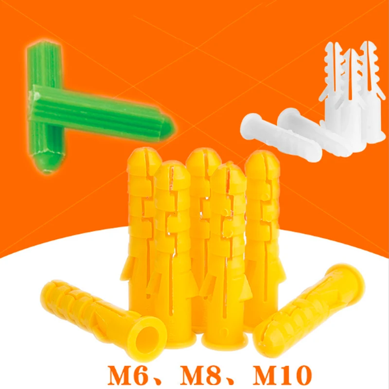 50pcs M6 M8 M10 Ribbed Plastic Anchor Wall Plastic Expansion Pipe Tube Wall Plugs For M3 M4 M5 M6 M8 Self-tapping Screws