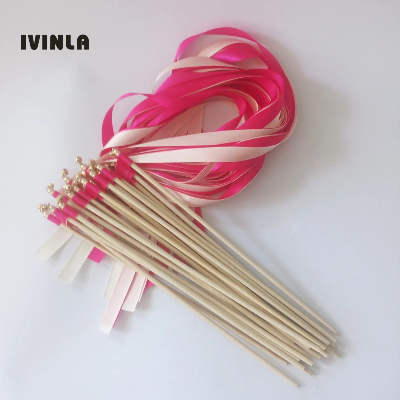 New50pcs/lot Fushia and Champagne wedding ribbon wands Twirling Streamers wedding ribbon stick with gold bell