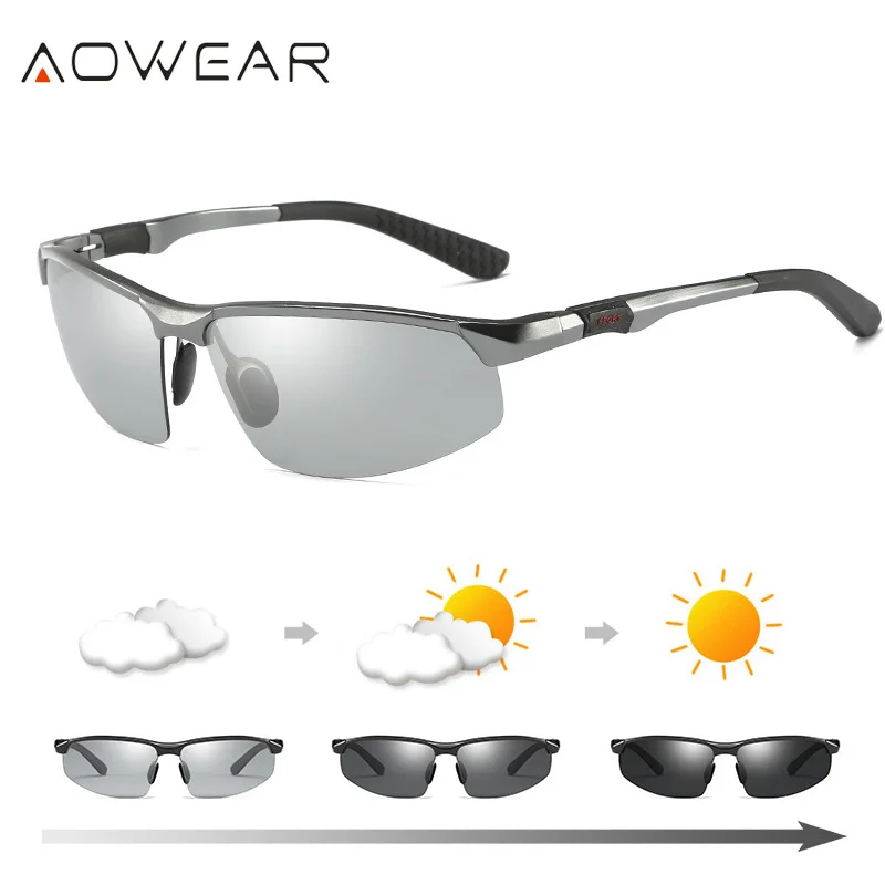 AOWEAR Mens Photochromic Polarized Rimless Sunglasses Men Day Night Driving Chameleon Glasses Car Driver  Anti-glare Eyewear