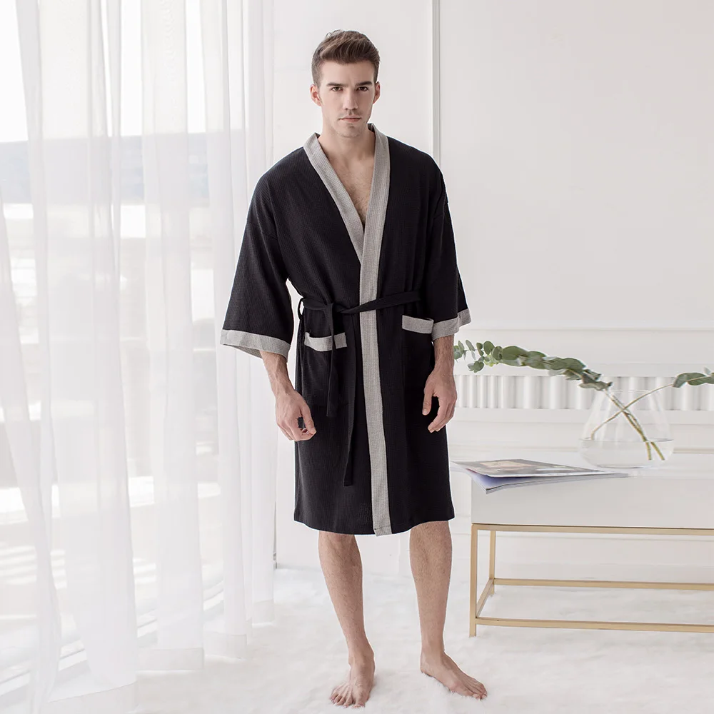 

Men's Cotton Waffle Hotel Bathrobe Spa Robe Water Absorbing Nightgown Japanese-style Kimono Shawl Collar robe Night Gown