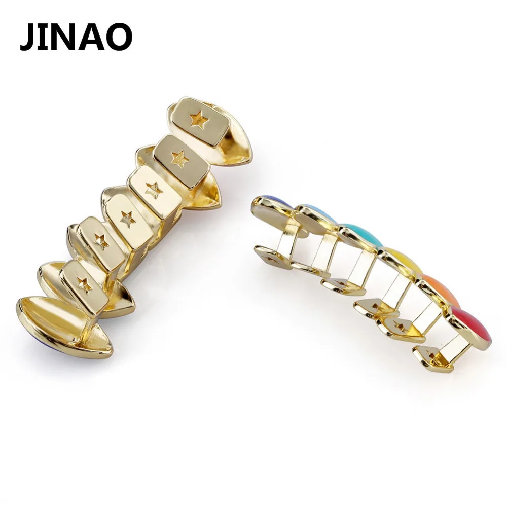 JINAO HipHop Rainbow Gold Silver color Teeth Grillz Top & Bottom Grills Dental Mouth Cosplay Party Tooth Punk Body Jewelry Gifts