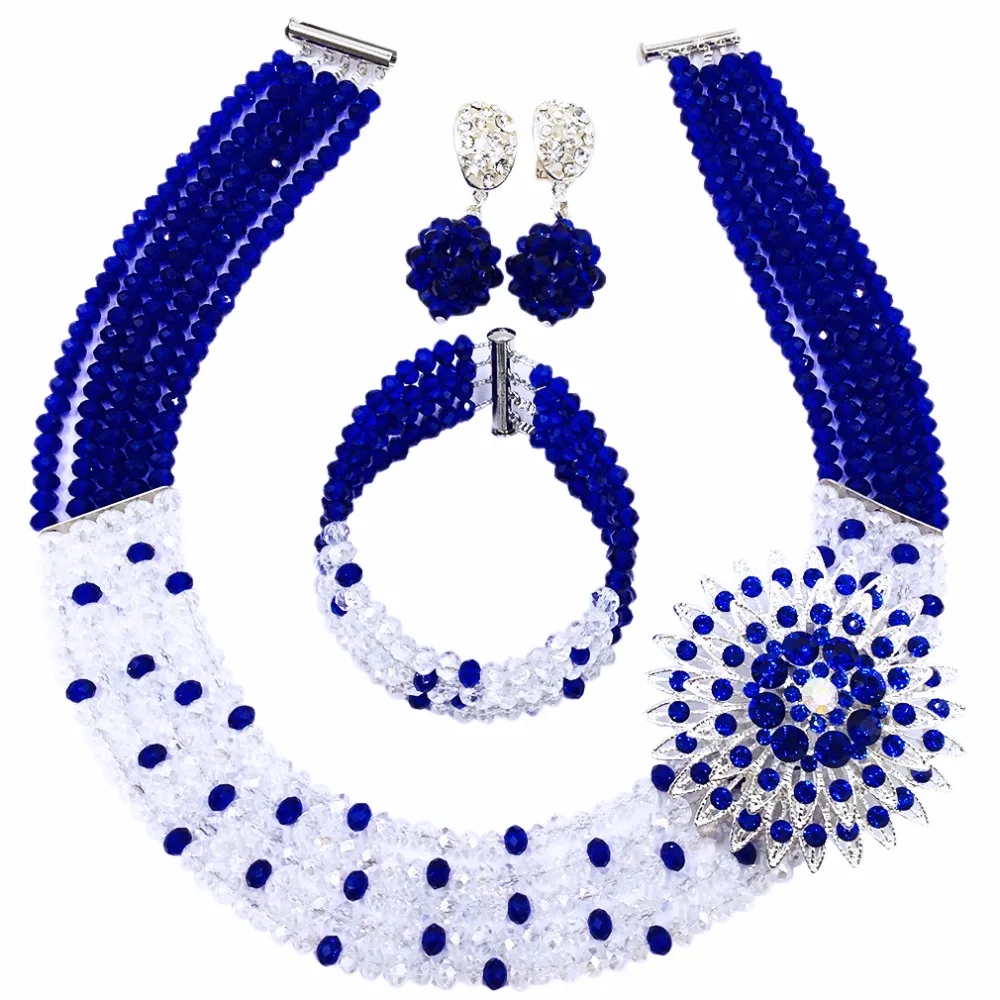 Amazing! Royal Blue Transparent Crystal Beaded Nigerian Wedding African Beads Jewelry Set for Women Girls 5L-ZJ009