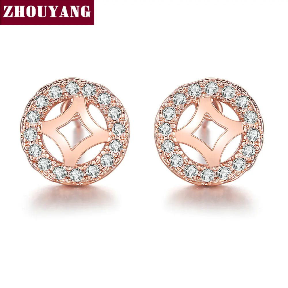 ZHOUYANG Stud Earrings For Women Elegant Hollow Out Cubic Zirconia Rose Gold Color Party Birthday Gift Fashion Jewelry E198