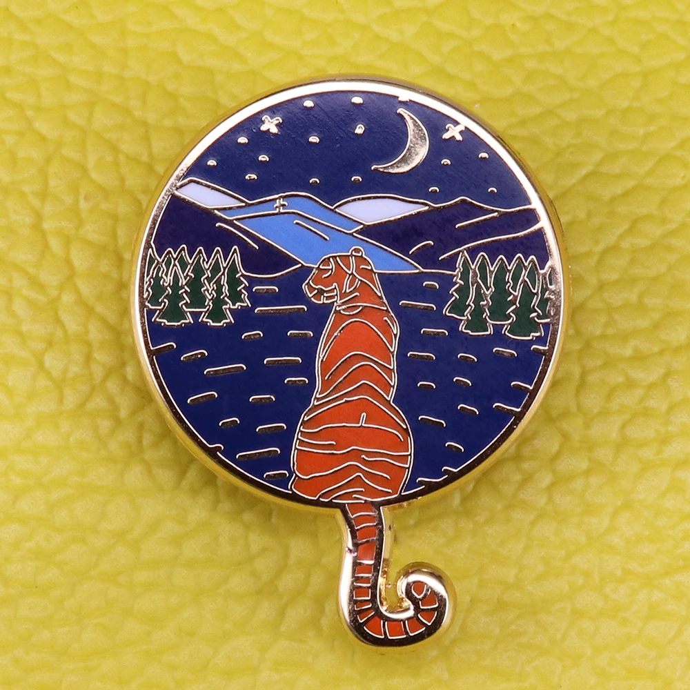 Night sky wolf enamel pin star moon brooch mountain tree badge forest adventure explore jewelry animal nature lovers gift