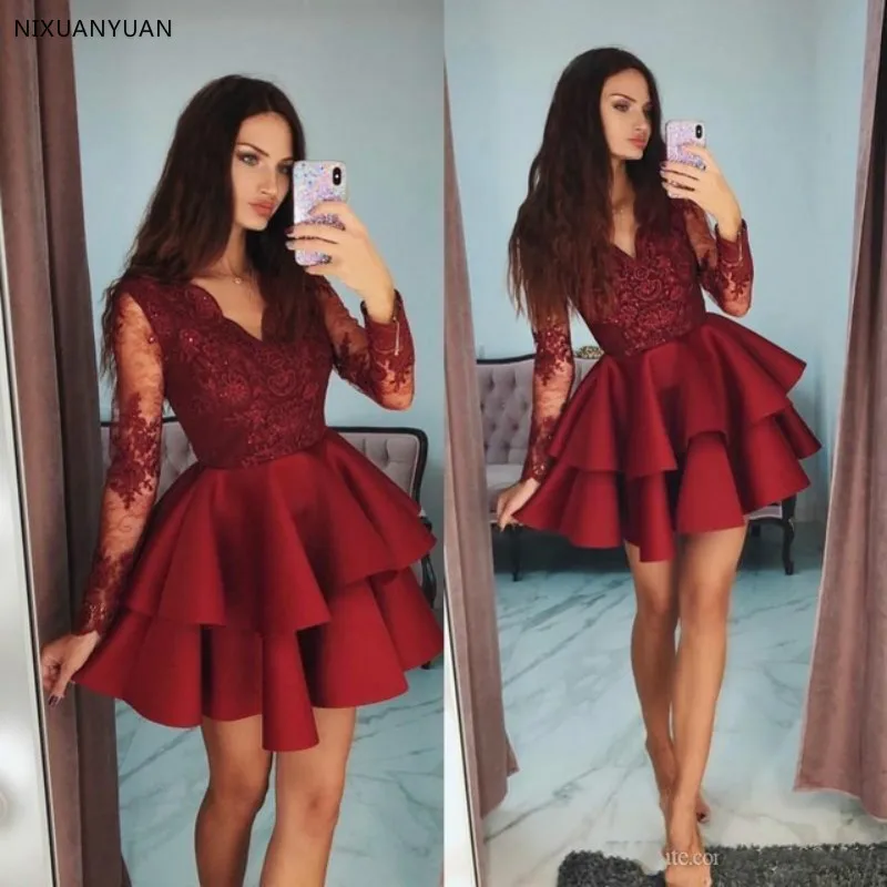 Vestido de cóctel de manga larga, vestidos de graduación con apliques, vestido de regreso a casa corto, vestidos de desfile con cuentas escalonadas, color burdeos, hecho a medida