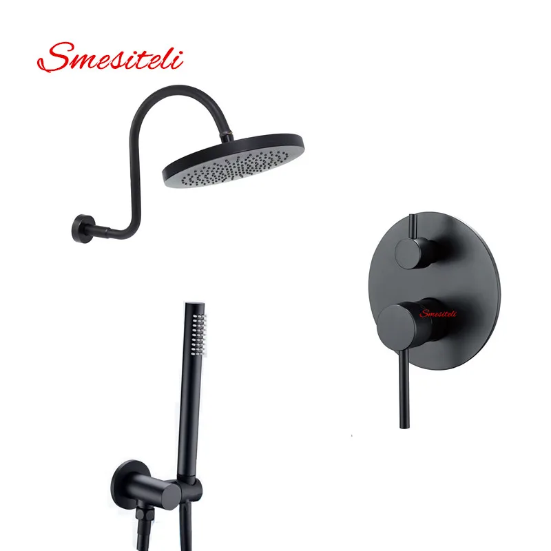 

Smesiteli New Design Solid Brass Matte Black Rain Shower Head & S Shower Arm And Shower Head with Two Functions Valve Shower Kit