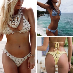 2019 Summer New Women Flower Hollow out Sexy Bikini Set Beach Split Swimsuit Crochet Backless Bras Thong Bottoms