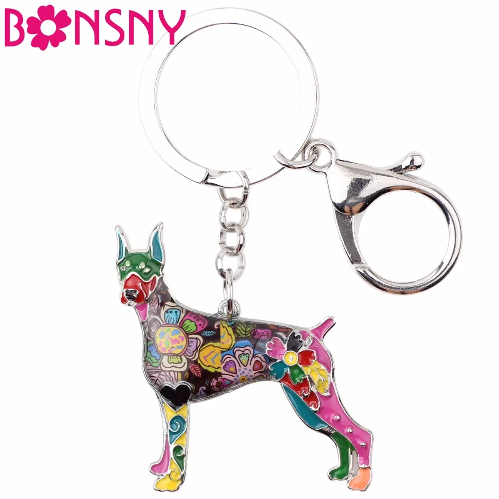 

Bonsny Enamel Alloy Doberman Dog Key Chain Keychains Rings Unique Animal Jewelry For Women Girls Bag Pendant Car Holder Gift New