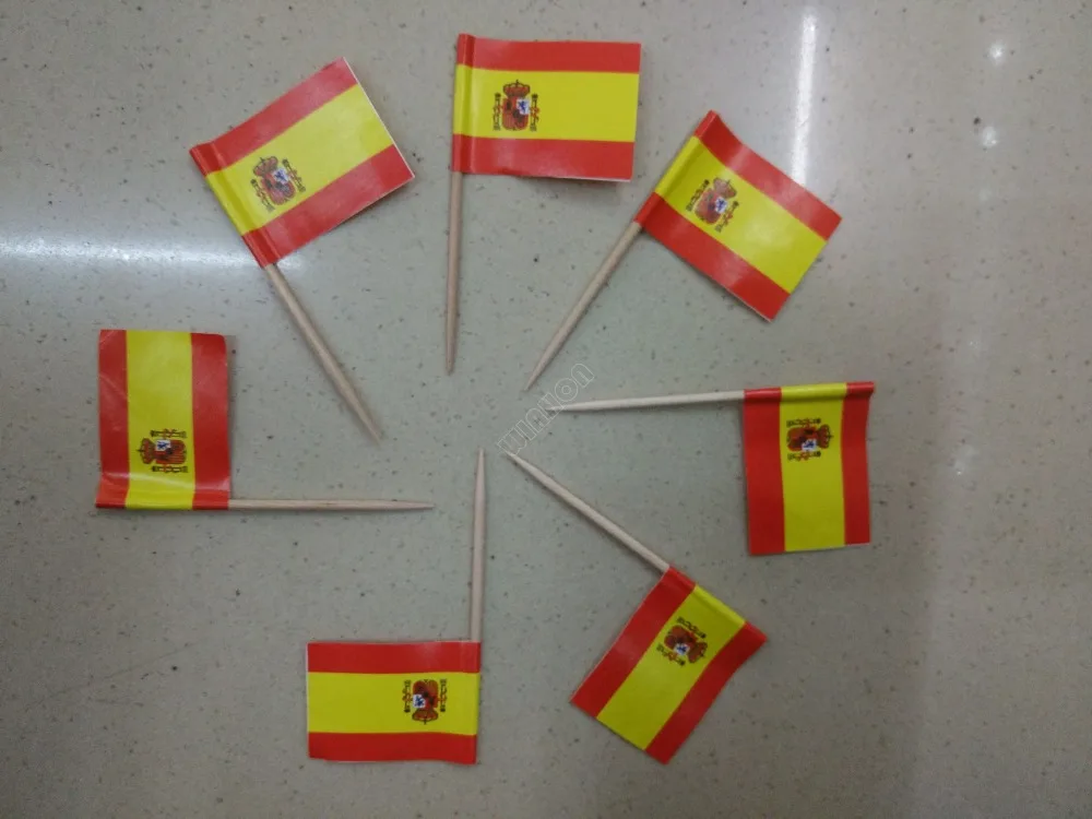 300Pcs Packed Spain Toothpick Flags Banderas de Espana Food Picks for Parties, Cocktails, Tapas Wood Toothpick and Paper Flag