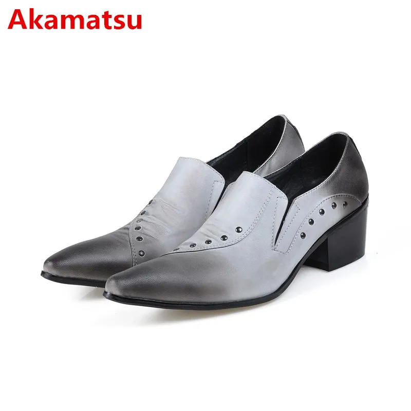 

Akamatsu zapatos hombre mens shoes high heels pointed toe dress shoes rivets slip on wedding loafers italian leather shoes men