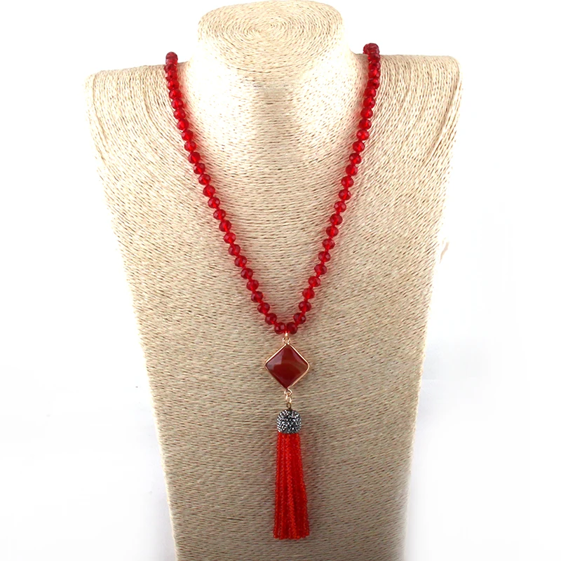 Fashion Bohemian Jewelry Red/Green Glass Crystal Knotted Crystal Tassel Necklaces For Women Ethnic Necklace