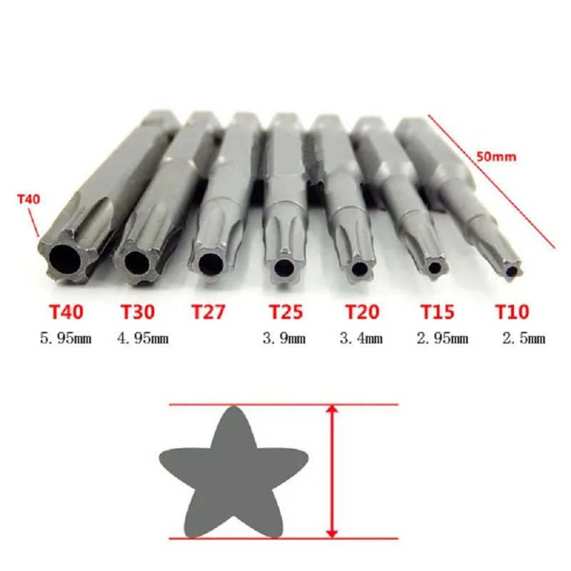 1/4 Inch Magnetic Pentacle Star Head Screwdriver Bits Pentalobe Electric Screwdriver Bit Hand Tools 25mm Length T10-T40