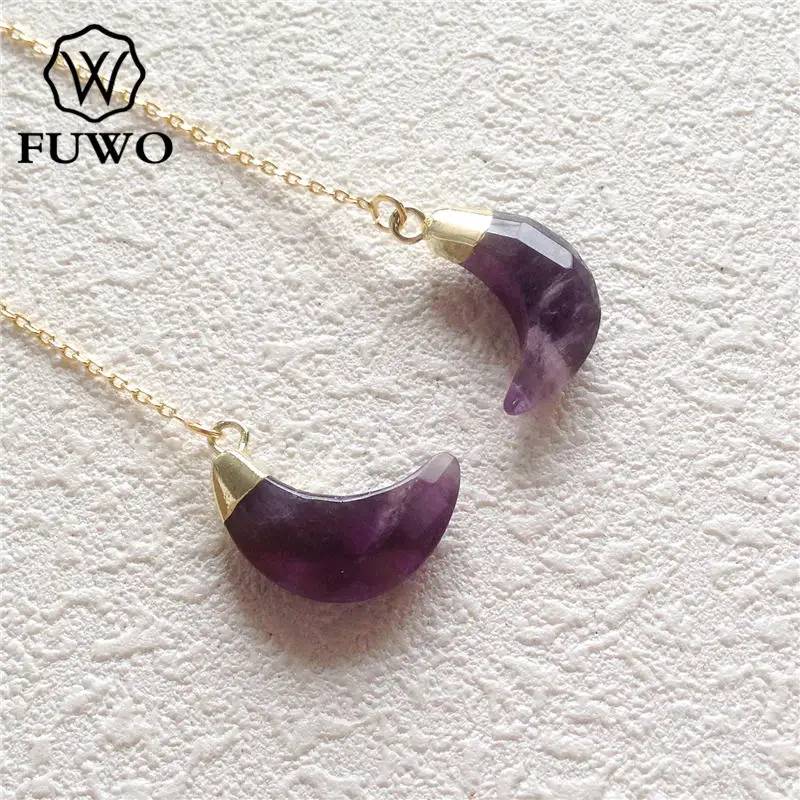 FUWO Wholesale Natural Amethysts Threader Earrings,Golden Plated Crescent Purple Crystal Jewelry For Women 5Pairs/Lot ER149