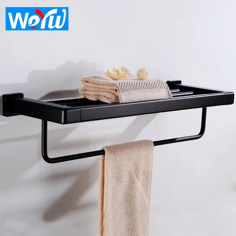 Bathroom Towel Rack Holder Aluminum Black Towel Bar Single Wall Mounted Towel Rail Hanger Bathroom Shelves Corner Shelf Storage