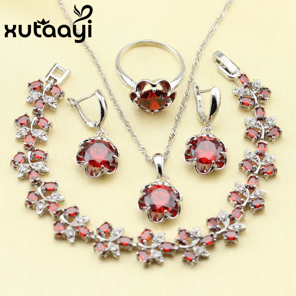 Cheerful  Sterling Silver Women Jewelry Set Red Created Garnet Four Piece Sets Ring Necklace Pendant Bracelet Earring