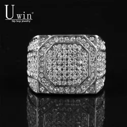UWIN Men's Stainless Steel Square Ring Bling Bling Rhinestone Crystal silver color Gold Color Punk Rings Fashion Hip Hop Jewelry