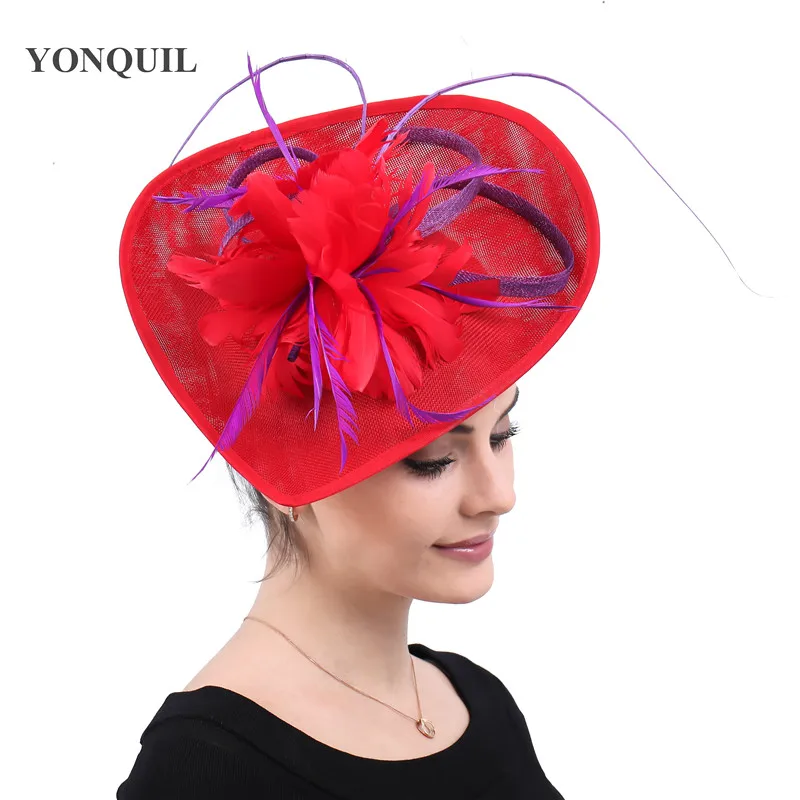 Kenducky Derby Cocktail Feathers Fascinators Hats Wedding Chapeau Caps Red Headwear Women Ladies Female Elegant Hair Accessories