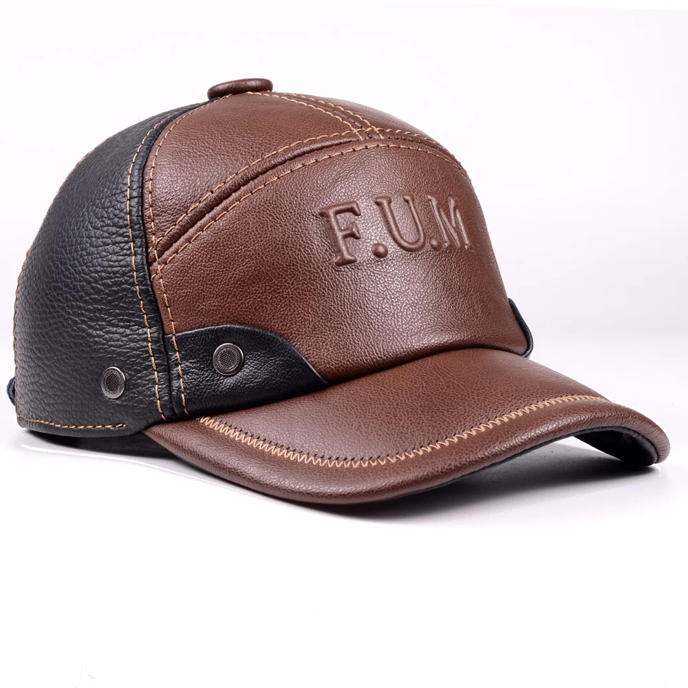 New Men's  genuine Leather Winter Warm Cowhide Baseball Golf Cap/Hat adjustable