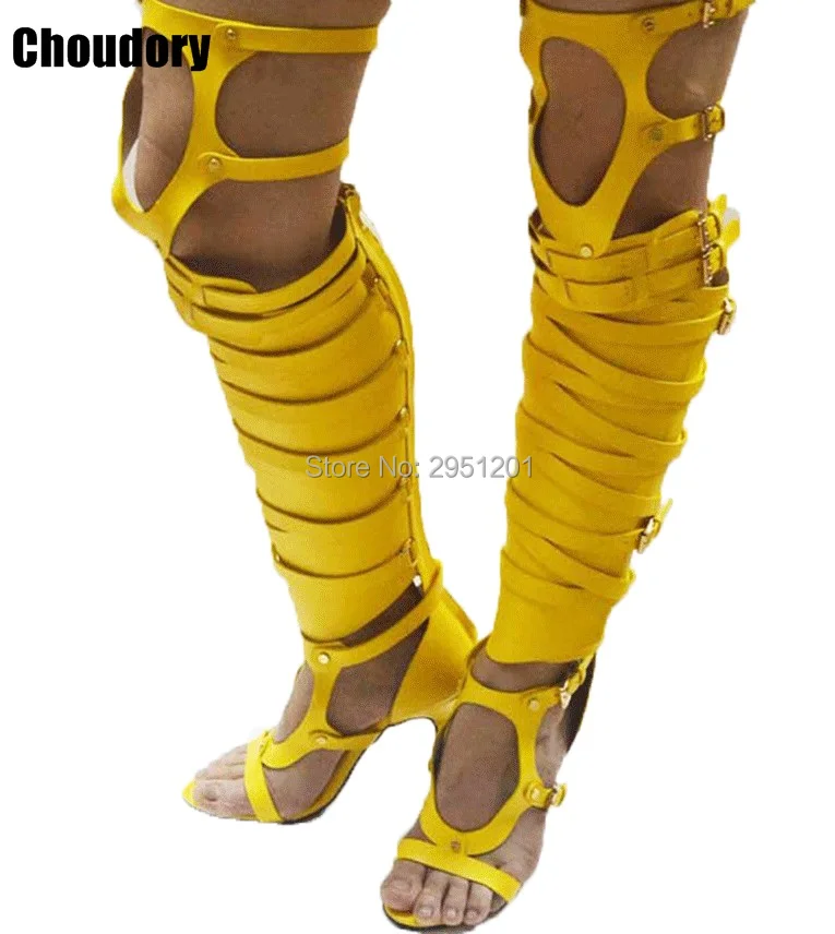 Hot selling Summer newest gold cut-outs gladiator boots sexy buckle strap knee high boots black silver gold sandal boots