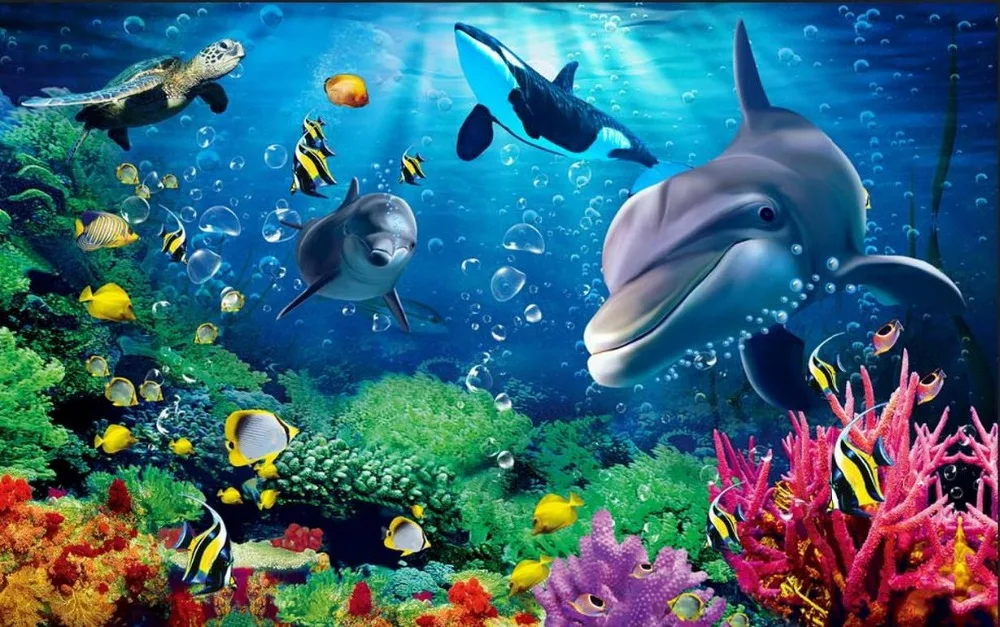 

3D stereoscopic TV backdrop Underwater World Dolphin 3d room wallpaper landscape Home Decoration