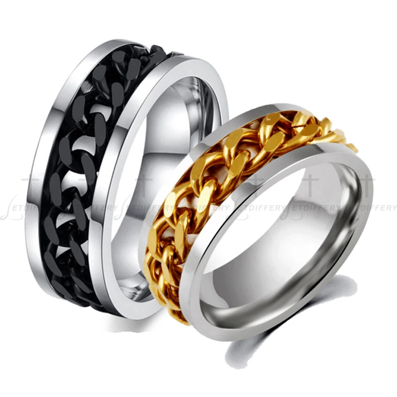 Letdiffery Fashion Spinner Black Chain Ring Stainless Steel Punk Rock Accessories Three Colors Option For Men Gift