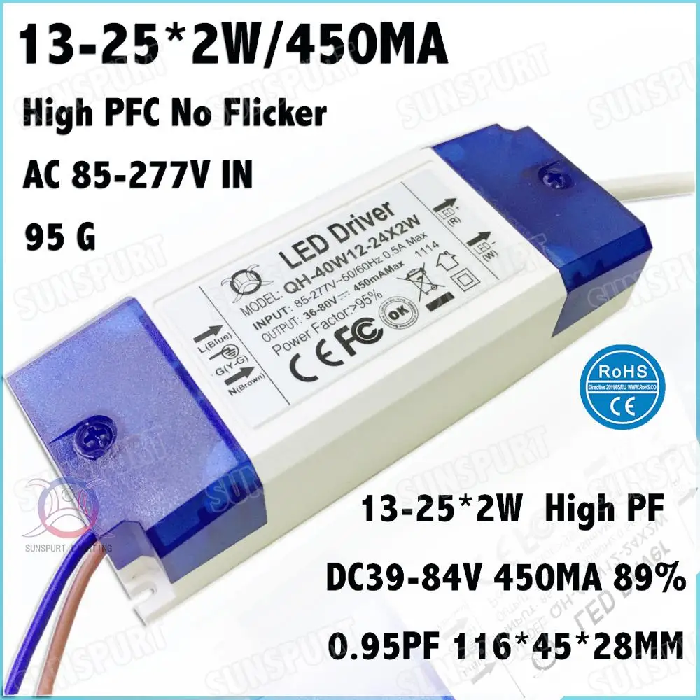 

3 Pcs High PFC Box 40W AC85-277V LED Driver 13-25x2W 450mA DC39-84V Constant Current No Flicker For LED Spotlight Free Shipping